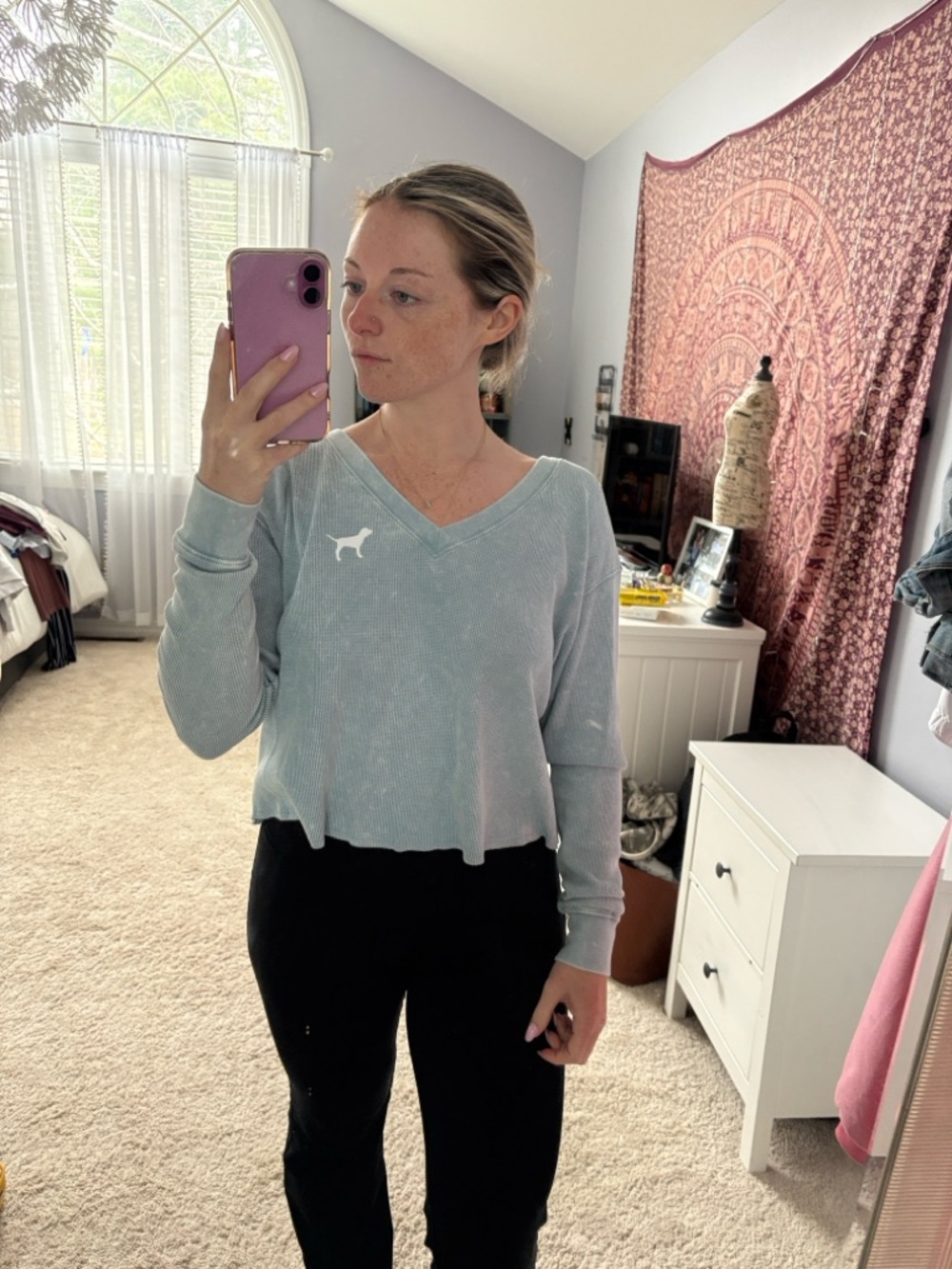 PINK Victoria Secret’s Acid Wash Baby Blue Waffled V-Neck Long Sleeve Tee